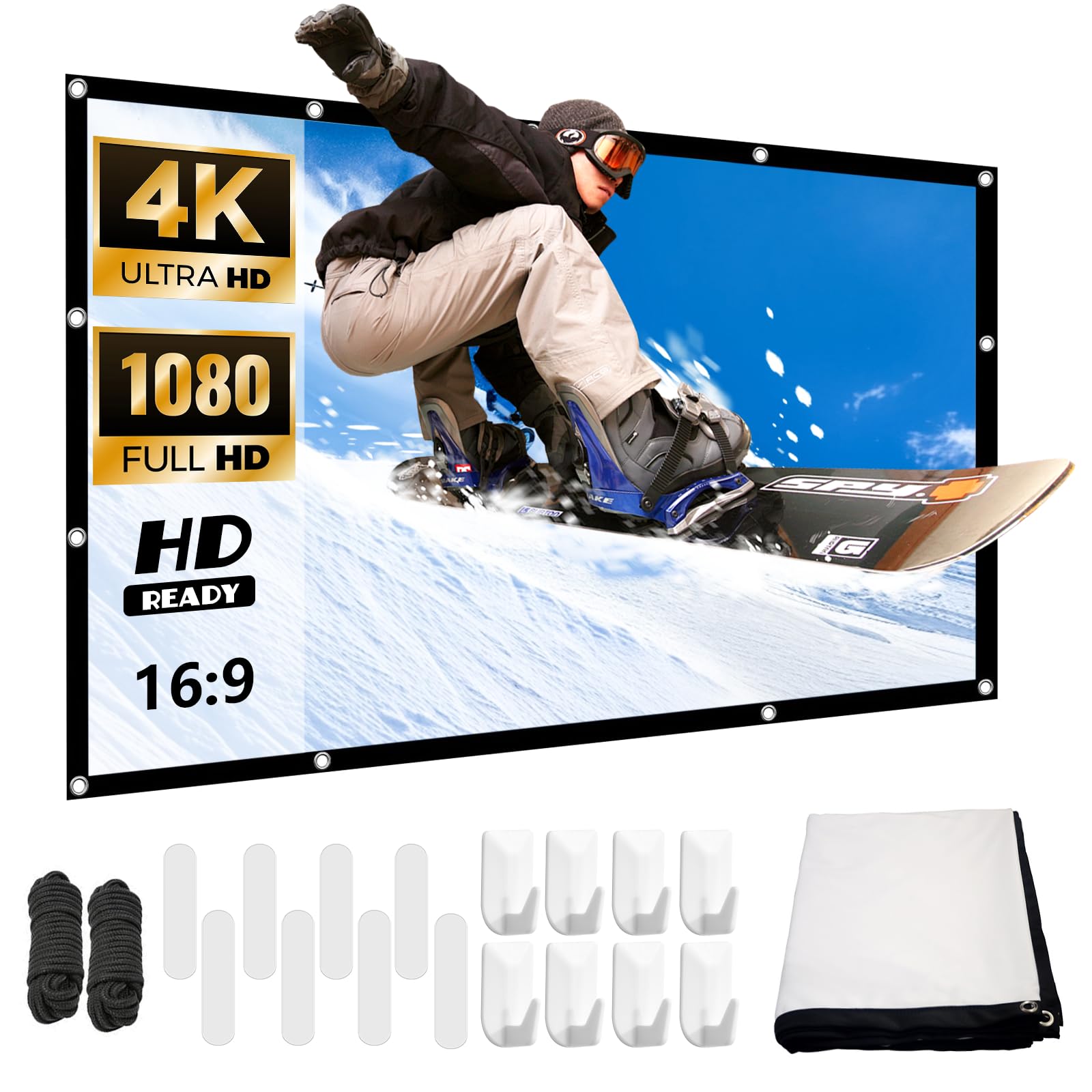 Écran de projection portable pliable extérieur 100 Pouces, 4K Full HD, pour home cinéma et camping fête, avec projection