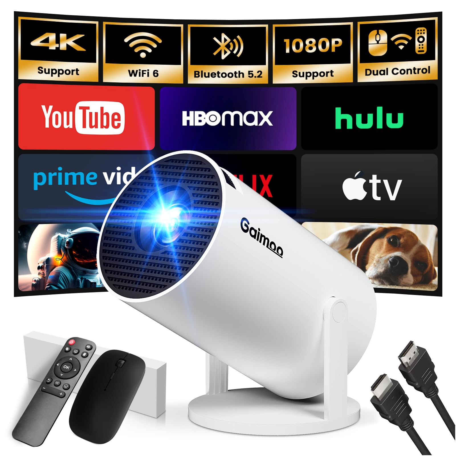 [Intégrée +-projecteur portable] Vidéoprojecteur Portable Mini Projecteur Dual Contrôle avec Souris Android TV WiFi 6 BT